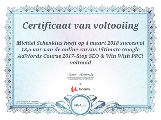Certificaat Udemy Google Ads cursus